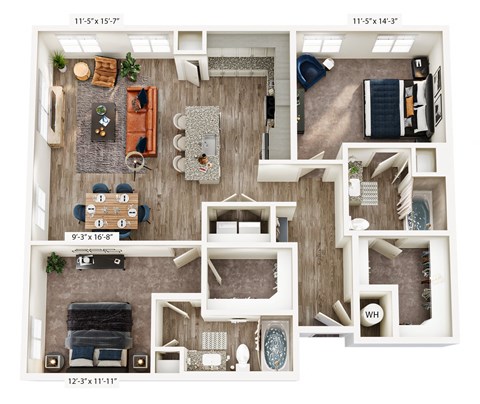 Floor plan for 2 beds, 2 baths, 1246 sqft